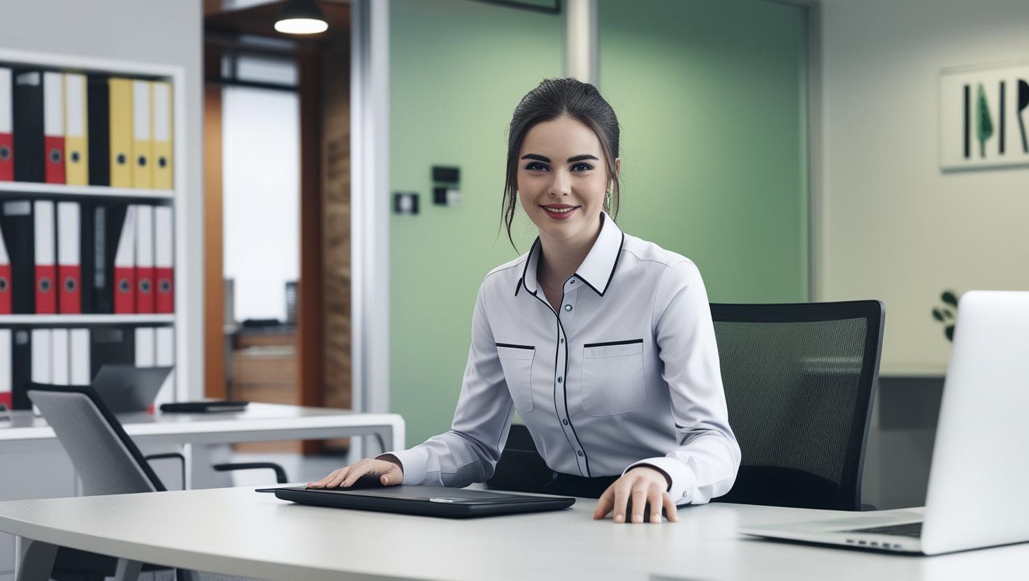 Sanal ofis hizmeti alan kadın ofiste gülümsüyor